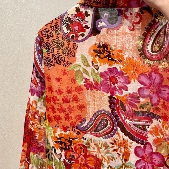 Funky People 100% cotton sheer button down dress size L colorful floral - Picture 6 of 6